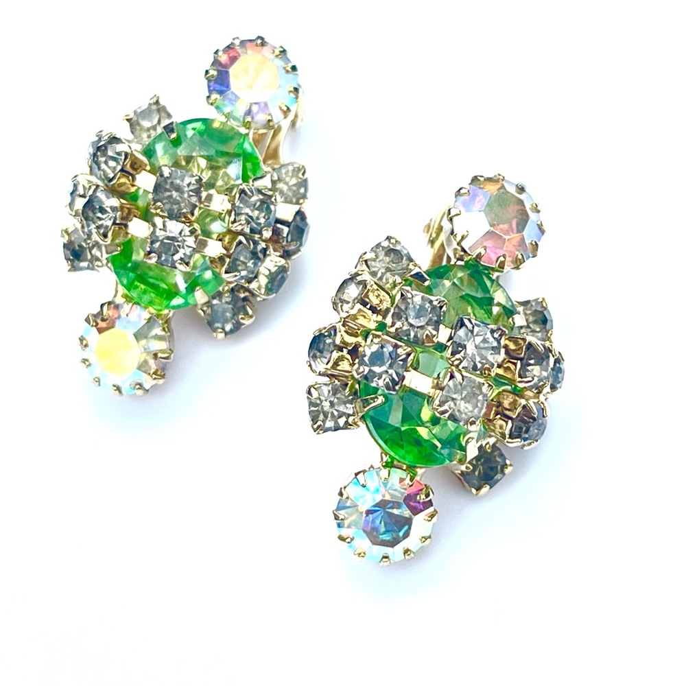 Vintage 50s Rhinestone Earrings | 1950s Clip-on Aurora Borealis Retro Jewelry - Picture 3 of 15
